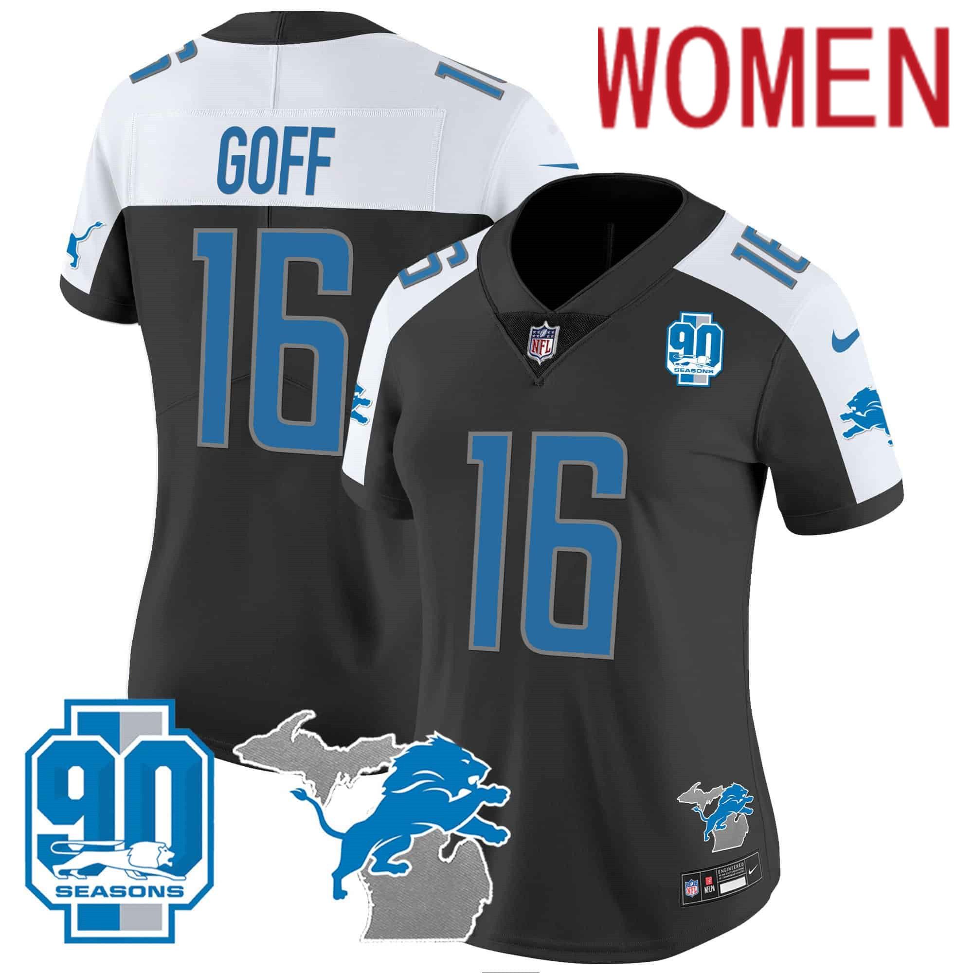 Women Detroit Lions #16 Goff Black 2024 Nike 90th Year Michigan Patch Vapor NFL Jersey